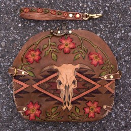 Cow skull clutch with navajo designs & wild roses, carved leather by Joren Eulalee Back & Front Flap View